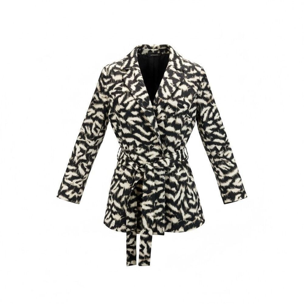 Sandro Studio IkatโPrint Belted Blazer Jacket Trench Coat Black White XL